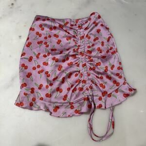 Y2K BBWM Women's S Pink Cherry Print Ruched Ruffle Short Skirt Coquette Kawaii